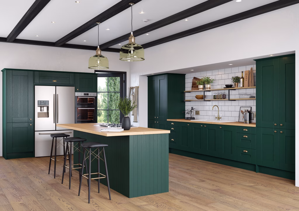 Cartmel kitchen in Fir Green, fitted room view