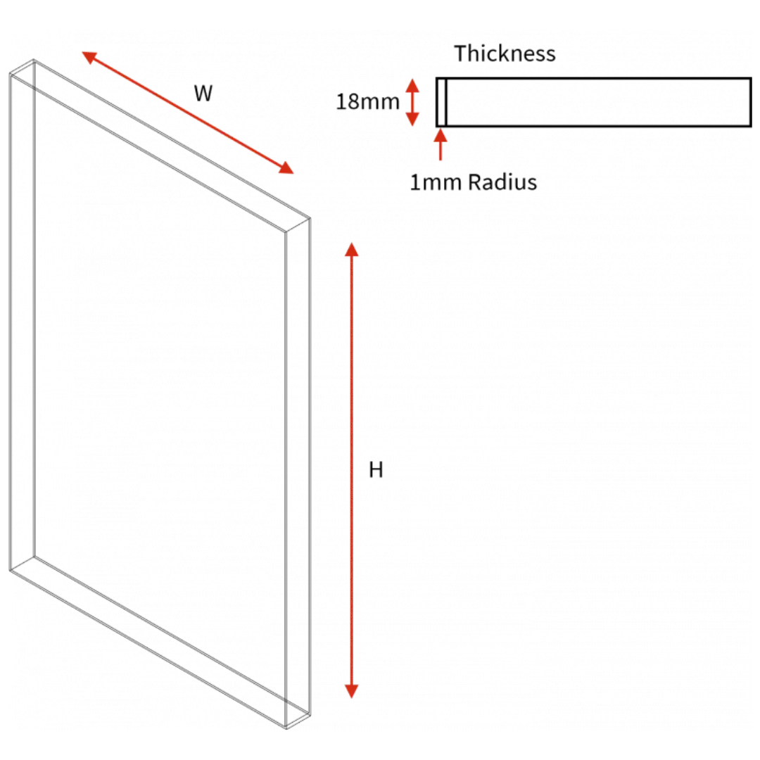 Diagram showing how to measure a kitchen door's width and height, with an 18mm thickness and 1mm edge radius
