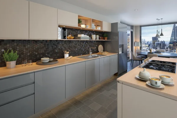 Jayline handleless kitchen in Gloss Dust Grey, fitted room view