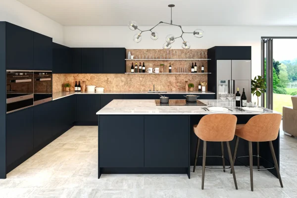 Jayline handleless kitchen in Matt Indigo Blue, fitted room view