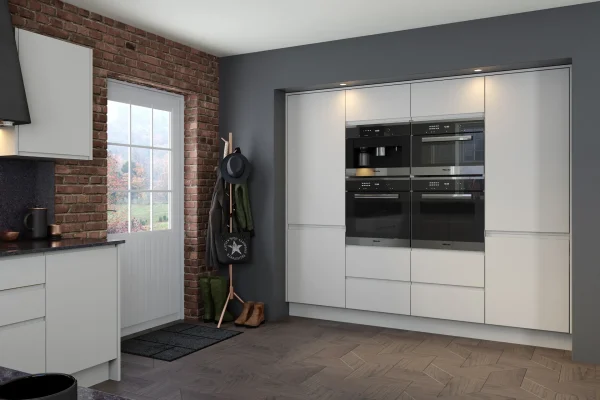 Jayline handleless kitchen in Matt Light Grey, fitted room view