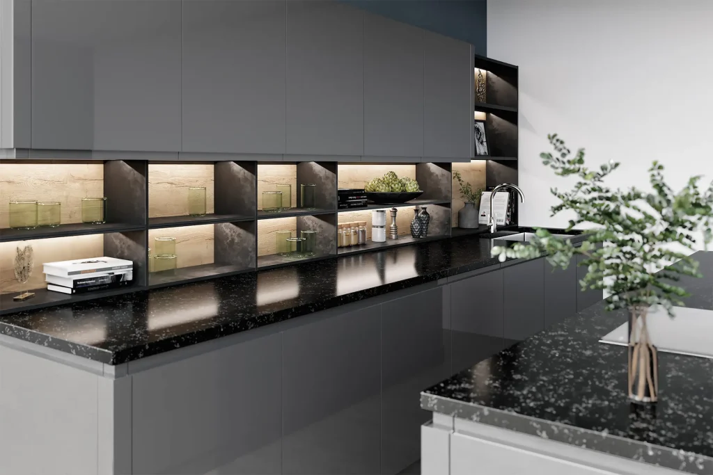 Lucente handleless kitchen in Gloss Dust Grey, fitted room view
