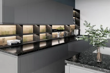 Lucente handleless kitchen in Gloss Dust Grey, fitted room view