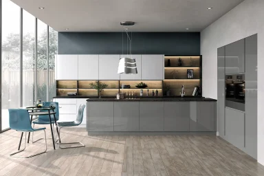 Lucente handleless kitchen in Gloss Dust Grey, fitted room view (alternative view)