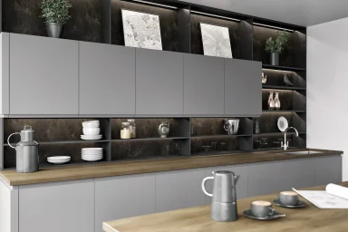 Lucente handleless kitchen in Matt Dust Grey, fitted room view