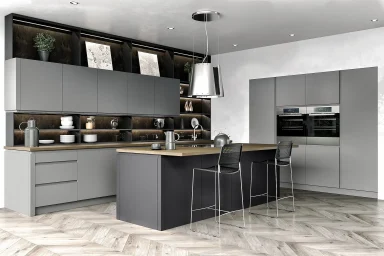 Lucente handleless kitchen in Matt Dust Grey, fitted room view (alternative view)