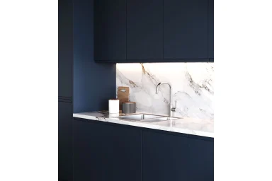 Lucente handleless kitchen in Matt Indigo Blue, fitted room view