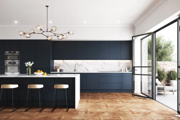 Lucente handleless kitchen in Matt Indigo Blue, fitted room view (alternative view)