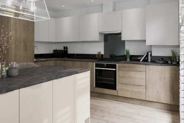 Valore kitchen in Matt Cashmere, fitted room view