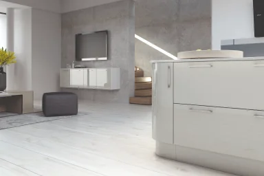 Vivo slab kitchen in Gloss Grey, fitted room view (alternative view)
