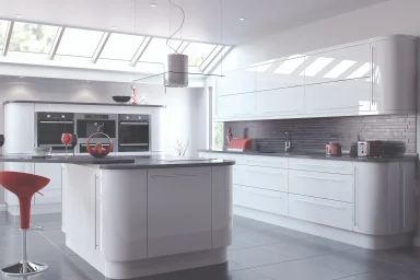 Vivo slab kitchen in Gloss White, fitted room view (alternative view)