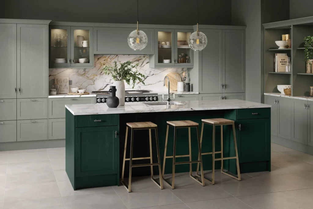 Zurfiz kitchen in Matt Sage Green, fitted room view
