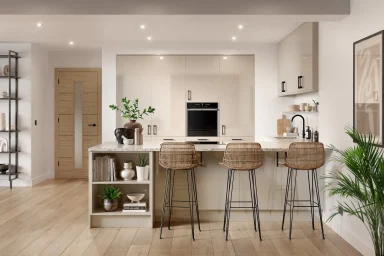 Ora slab kitchen in Gloss Cashmere, fitted room view