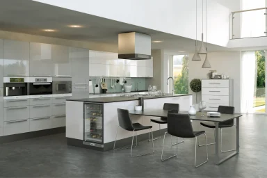 Venice kitchen in Gloss Light Grey, fitted room view