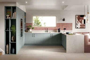 Ora kitchen in Supermatt Aquamarine, fitted room view
