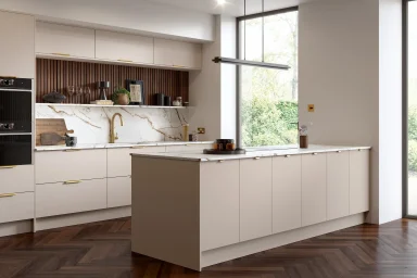Ora kitchen in Supermatt Cashmere, fitted room view