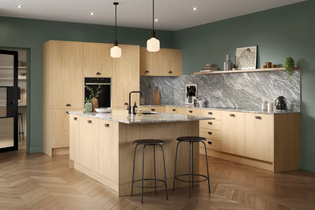 Valore kitchen in Matt Light Natural Casella Oak, fitted room view