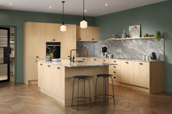 Valore kitchen in Matt Light Natural Casella Oak, fitted room view