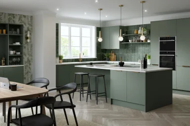 Valore kitchen in Matt Smoke Green, fitted room view