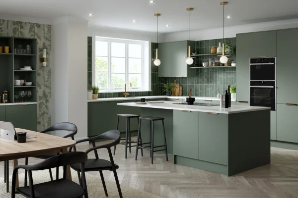 Valore kitchen in Matt Smoke Green, fitted room view
