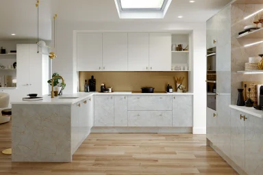 Zur kitchen in Ultragloss Porcelain Gold Light, fitted room view
