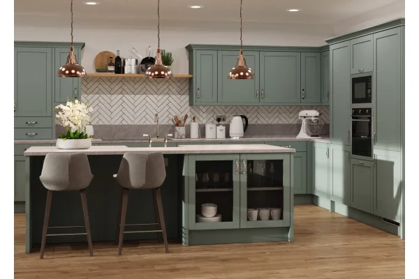 Waterford kitchen in Supermatt Sage Green Kitchen, fitted room view
