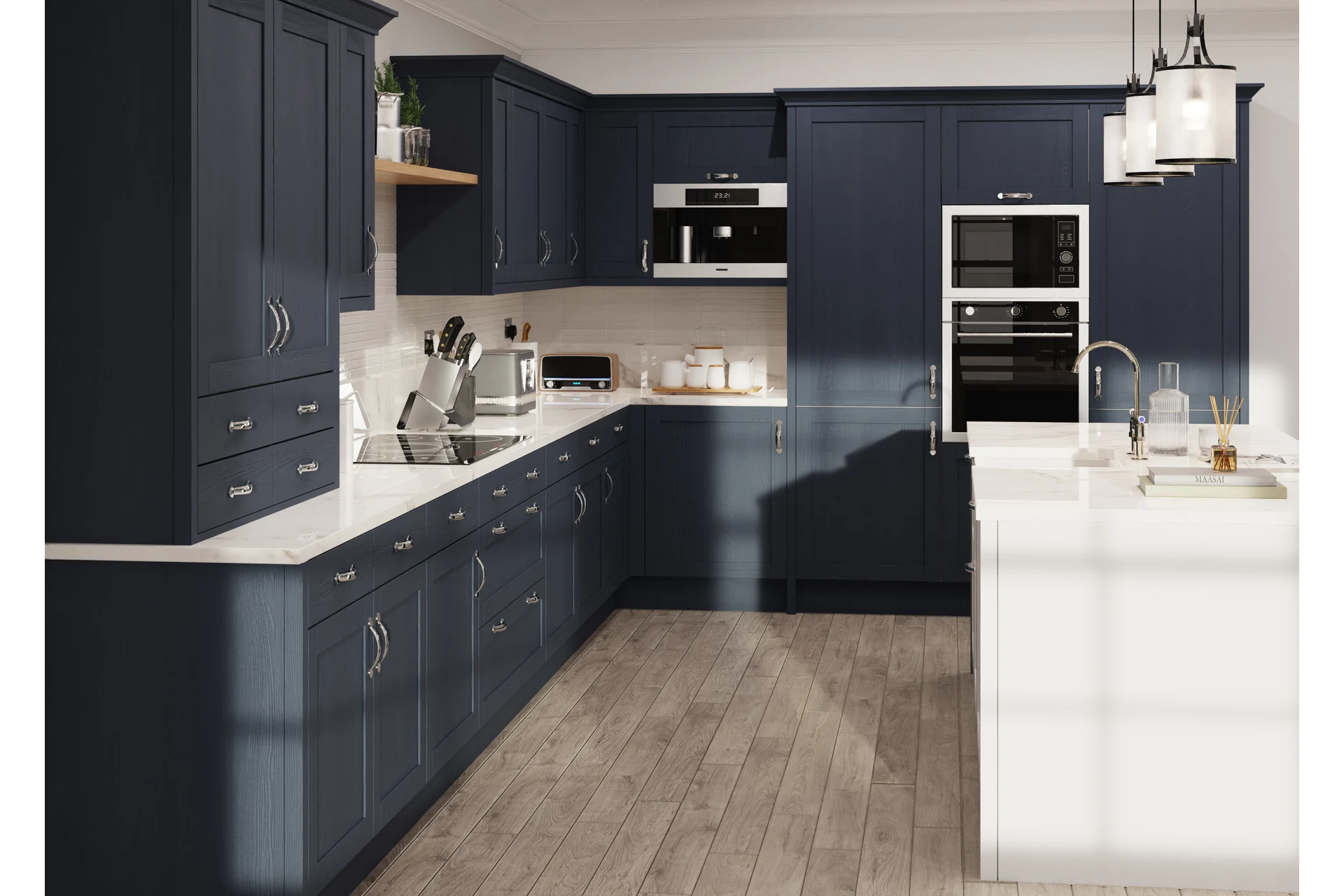 kitchen-door-Waterford-Woodgrain-Indigo-Kitchen-main-1 Waterford kitchen in Woodgrain Indigo Kitchen, fitted room view