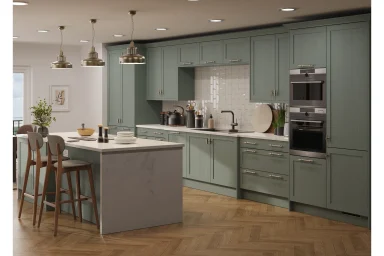 Waterford kitchen in Woodgrain Sage Green Kitchen, fitted room view