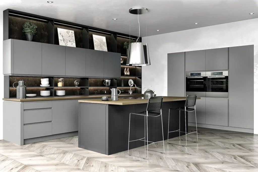 Lucente handleless kitchen in Matt Dust Grey and Anthracite, fitted room view
